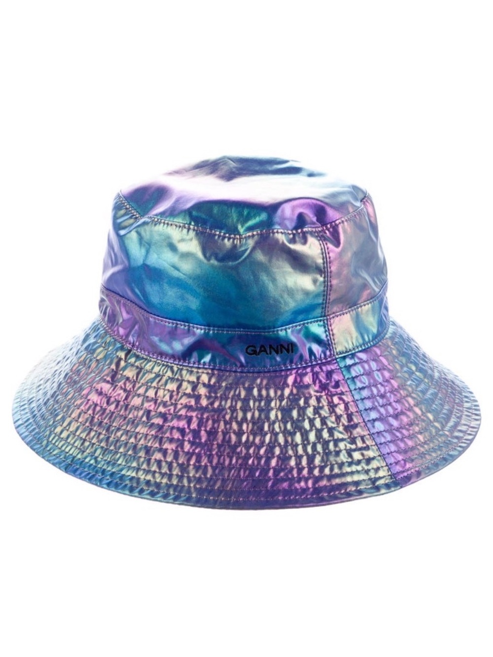 Ganni Iridescent Holographic Bucket Hat in Blue and Purple